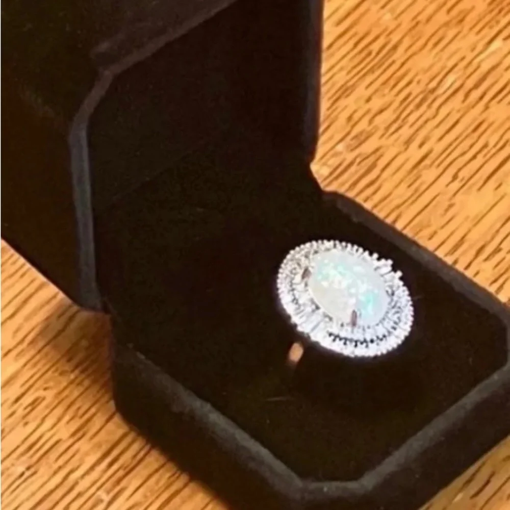14K White Gold Ring Opal 5CT Halo Diamond Oval Baguette Wedding Engagement - Picture 8 of 11